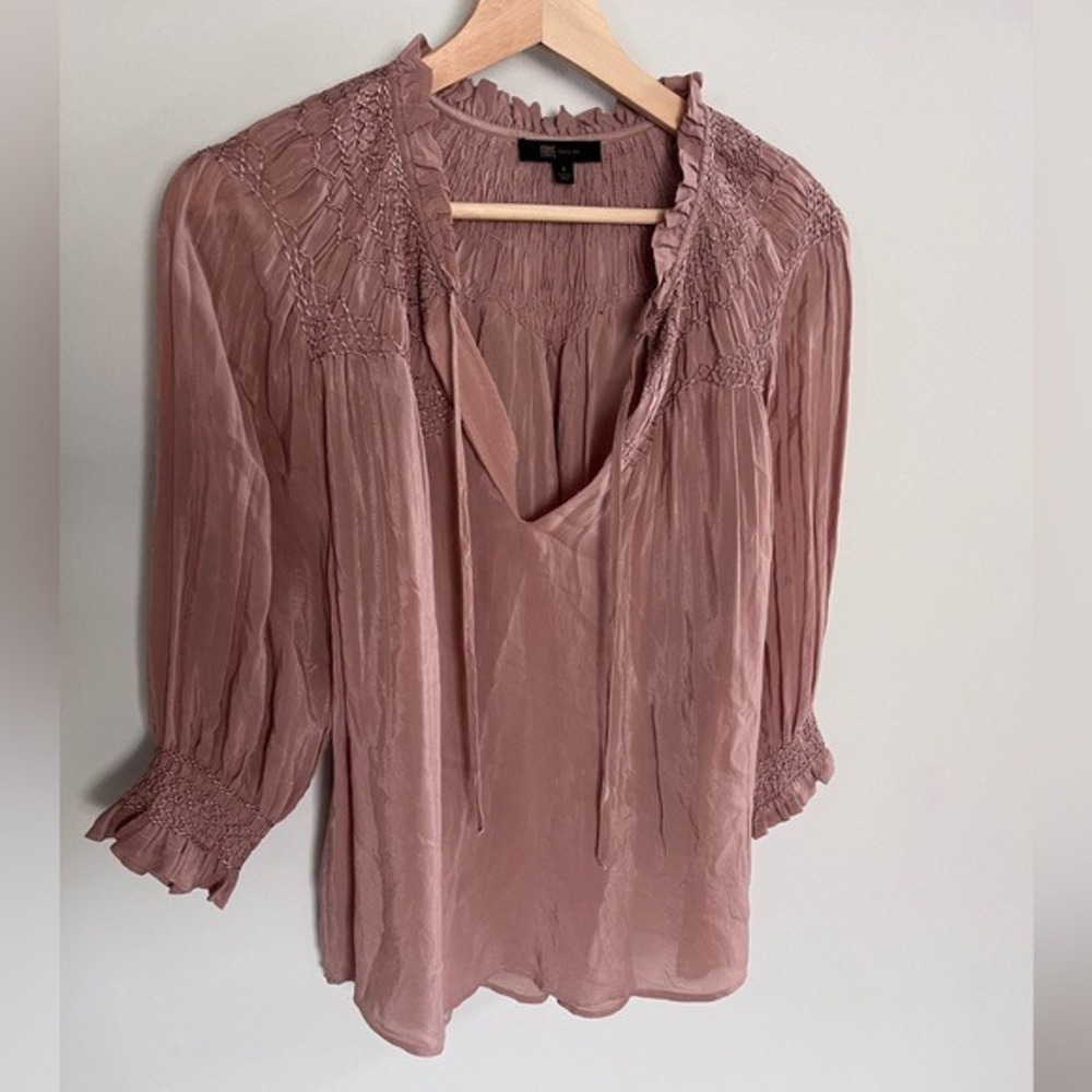 Frye Smocked Peasant Blouse Dusty Rose Boho Tie Neck Top Mauve Small